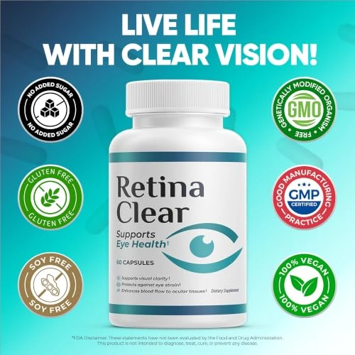 RetinaClear quality seals: non-GMO, gluten free, soy free, 100% vegan and GMP certified