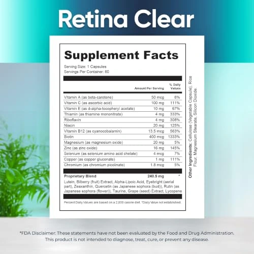 RetinaClear Supplement Facts label